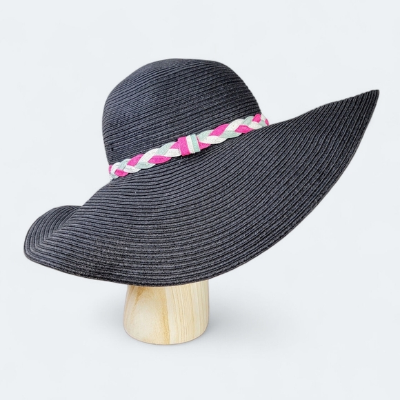 Floppy Black Sun Hat with Pink Accents Women's One Size Summer Vacation Beach - Picture 1 of 10